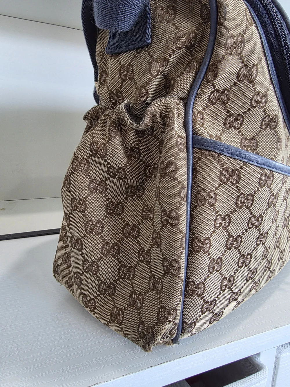 Gucci Beige GG Supreme Canvas Shoulder/Baby/Diaper Bag with Blue Trim